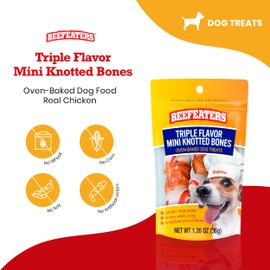 Beefeaters Dog Treats- Triple Flavor Mini Knotted Bones 1.26oz, Case of 12 | Dog Food High Protein with Real Chicken | No Artificial Flavors/Colors | Training Treats for All Dog Sizes