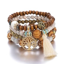 LICHUANUK Boho Bracelets Wooden Beads Tassel Bracelet, Chakra Bracelet for Women, Natural Crystal Healing Stones Bracelet, Women Tree of Life Charm Statement Bangles, Wood