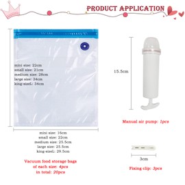 YOUNGSAY Pack of 20 Vacuum Bags Travel, Travel Vacuum Bags Made of Plastic, Vacuum Bags Reusable with Vacuum Hand Pump, for Storage Food and Clothes (Transparent, 5 Sizes)