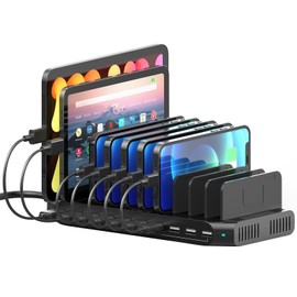 SUIDEK 10-Port Multi Charging Station, 60W USB Charger for Multiple Devices with Adjustable Dividers Compatible with Tablets, Smartphones