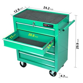 lunhung 5-Drawer Rolling Tool Chest with Wheels & Lockable Drawers, Heavy Duty 220 LBS Capacity Rolling Tool Cart，Workshop Rolled Steel Storage Organizer Tool Box for Warehouse, Garage (Green)