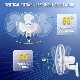 Tornado 2 Pack 16 Inch Wall Mounted Fan for Home, 90°Oscillating, Remote Control, 3 Speed 2650 CFM 6 FT Cord UL Safety Listed