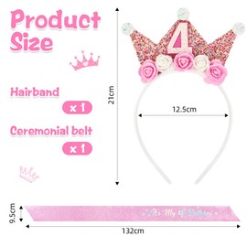 AOOTE Birthday Sash and Tiara, 4th Happy Birthday Decorations Headbands, Princess Crown Hats Girl, Princess Party Glitter Hair Band Decorations Gifts for 4 Year Old Girls