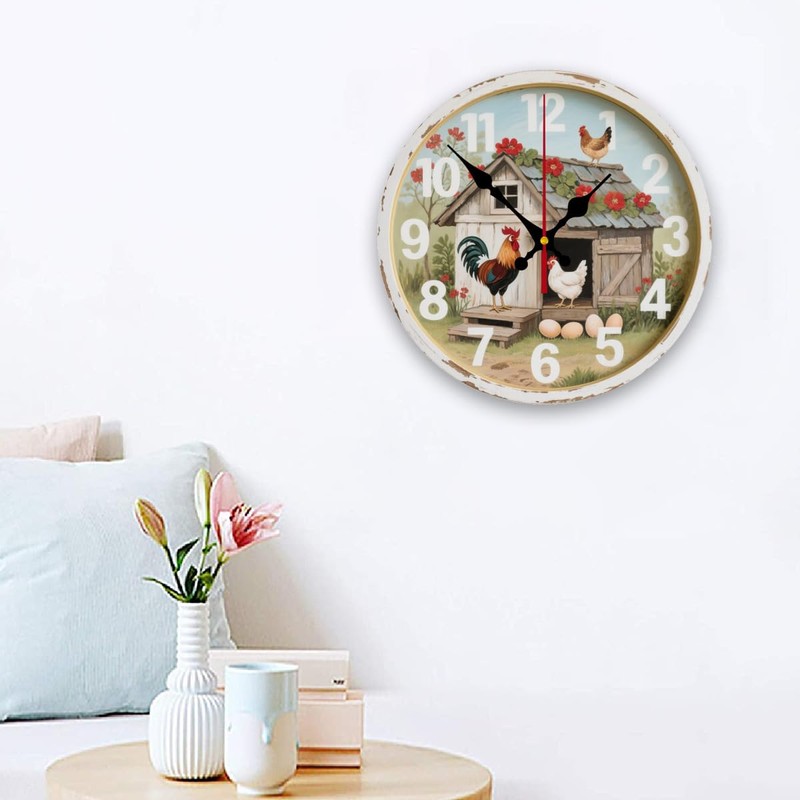 MEUUD Wood Wall Clock 10 Inch Farmhouse Chicken Rooster Print