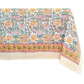 ATOSII Clover Yellow 100% Cotton Rectangle Fall Tablecloth, Handblock Floral Print Linen Table Cloth for Kitchen Dining I Parties, Weddings, Outdoors, Christmas, Thanksgiving Decor 60 X 90 Inches