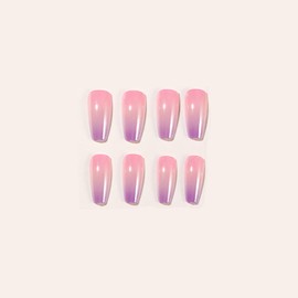 SINHOT Coffin Press on Nails Medium - Pink Purple Ombre Aurora Chrome Fake Nails Glossy Glue on Nails Acrylic Ballerina Artificial Nail Art Stick on False Nails with Design DIY 24 pcs