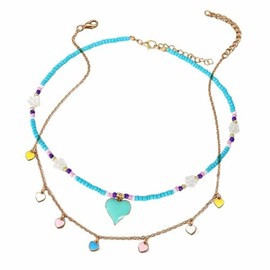 FFLaiwah 2 Pcs Heart Choker Necklace Blue Beads Layered Necklace Friendship Y2K Beach Costume Jewelry Gifts for Women