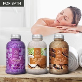 Bath Sea Salt Set 3х21.16Oz - Bath Salt Lavander & Coconut & Sandalwood - Lavender Essential Oil - Natural Coconut Oil - Sandalwood & Cinnamon Essential Oil - Aromatherapy - Relaxing - Body Care