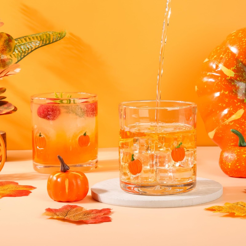 AimFun 2Pcs Pumpkin Icon Juice Glasses Fall Handblown Cocktail Glass