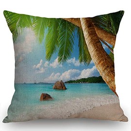 Swono Tropical Palm Tree Throw Pillow Cover ANSE Lazio Beach at Praslin Island Cotton Linen Decorative Pillow Case Cushion Cover Home Sofa Decor 18x18 Inch Pillow Cover