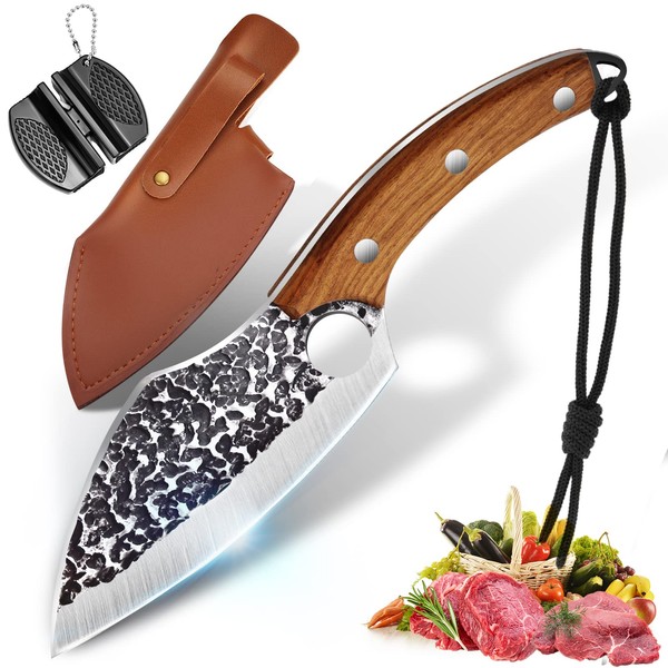OOKUU Professional Kitchen Knives, Boning Knife with Soft Leather Sheath and Sharpener, Hand Forged Sharp Butcher Knife for Cooking, Home, Camping