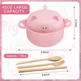 Romooa Large 45oz Ramen Noodle Bowl Microwavable Cute Pig Ramen Cooker Wheat Straw Microwave Bowl with Strainer Lid Handle Spoon Chopsticks Fork Gift for Home Dorm College Office(Pink)