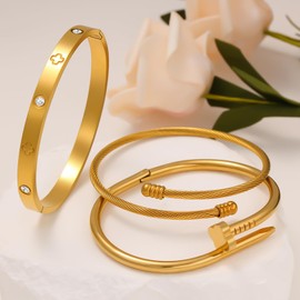 FAFUGA 18K Gold Plated Bangle Bracelets Set, Stainless Steel Cuff Bracelets Stack Love Jewelry for Women(3Pcs(erect leaf,zircon,screw))