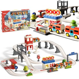 Slot Car Race Track Playset with 2 Electric Train Locomotive and 2 Carriages, City Simulated Scene Train Set Track Children's Gifts Ideas for Birthdays Toys for Boys & Girls Age 3+