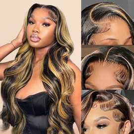 Erqq 1b/27 Highlight Body Wave Lace Front Wigs Human Hair 13x6 HD Lace Pre Plucked Glusless Wig 32 Inch 180 Density Ombre Colored