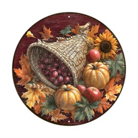 PEACHGARDEN Round Cornucopia Fall Pumpkins Wreath Sign Thanksgiving Pumpkin Sunflower Metal Tin Sign for Home Livingroom Coffee Bar Farmhouse Idyllic Wall Art Decor 8x8inch