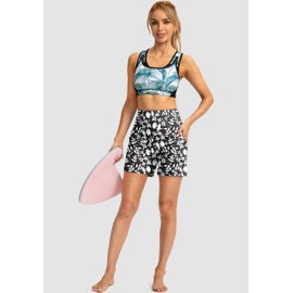G Gradual Women's 5" High Waisted Swim Board Shorts with Phone Pockets UPF 50+ Quick Dry Beach Shorts for Women with Liner(Black Floral,M)