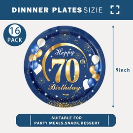 MORAINJAY 16Pcs Birthday Plates for 70,Navy Blue 9inch Paper Plates for 70th Birthday Party, Small Paper Plates for Men Women Her Him,Birthday Party Supplies Table Decor