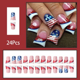 24Pcs Short Duck Press on Nails Independence Day Fake Nails French Tip False Nails with Star and Stripe Design Glitter Acrylic Nails Press ons 4th of July Duck Nails Reusable Stick on Nails for Women