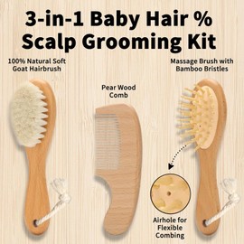 Goat Baby Hair Brush Set, Wooden Comb Massage Scalp Comb, Safe Natural Hair Care Kit, Soft Silicone Bath Brush for Newborns Toddlers (Brush Set+ Green Massager)