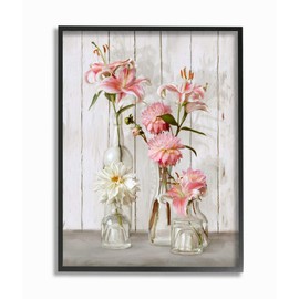 Stupell Industries Spring Pink Florals in Glass Jars Feminine Rustic Flowers, Designed by Ziwei Li Wall Art, 16 x 20, Black Framed