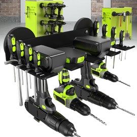 SANGIFT Magnetic Power Drill Holder, Magnetic Power Tool Organizer - 4 Power Drill Slots 28 Screwdriver Storage Holes, Heavy Duty Magnetic Cordless Tool Holder, Wall Mount Power Tool Rack Shelf