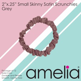 Amelia Beauty, Grey, Skinny Satin Scrunchies, 12 Pack – 2in Diameter, Gentle & Strong Hold, No-Snag, No-Dent, Crease-Free Hair Ties