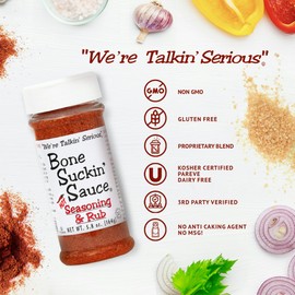 Bone Suckin' Hot Seasoning & Rub, 5.8 Oz - Grilling Rubs, Dry Pork Rub, Gluten-Free, Non-GMO, Kosher, Great on Ribs, Pork, Beef, Chicken, Seafood, Pasta, Vegetables & Even Popcorn! No Msg