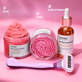 Women's Complete Shaving Kit with Razor & Holder - 5 Piece Strawberry Vanilla Set | Pre-Shave Scrub, Cream, Aftershave Oil | Luxury Gift Set for Women