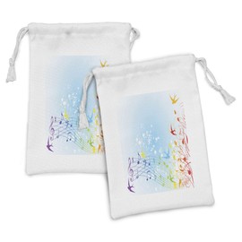 Ambesonne Music Note Fabric Pouch Set of 2, Illustration of Spring Scene with Flourishes Birds and Paint Blots, Small Drawstring Bag for Toiletries Masks and Favors, 9" x 6", Multicolor