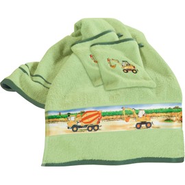 Erwin Müller Children's Terry Towel Set Tractor 3-Piece Set Digger Green Size 50 x 100 cm + 15 x 21 cm Hand Towel and 2 x Wash Cloths 100% Cotton with Woven Border
