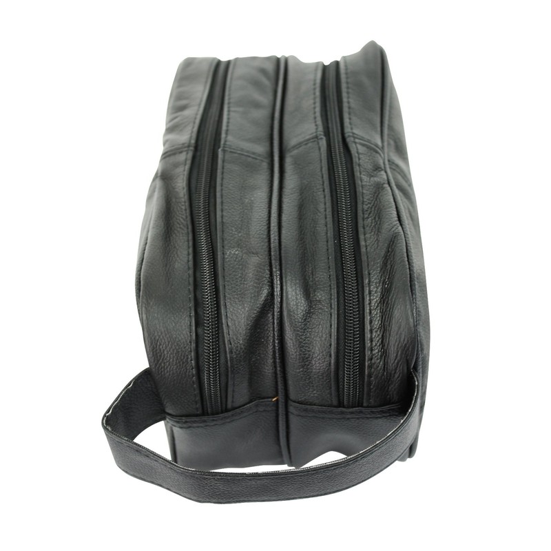 LORENZ - Miami Large Leather Wash Bag Toiletry Case (Black)