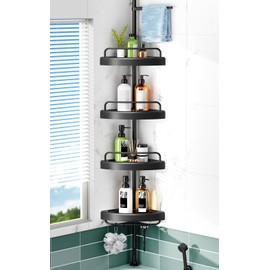 HAMITOR Corner Shower Caddy Tension Pole: 4 Tier Shampoo Storage Organizer for Inside Shower - Telescoping Rod Shower Rack for Bathroom and Bathtub - Restroom Floor Standing Bath Rack Holder Black