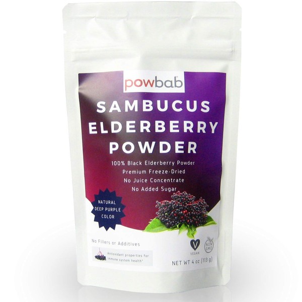 powbab Sambucus Elderberry Powder from 100% Freeze-Dried Organic Elderberries, Chilean (4 oz). No Juice Concentrate, No Sugar Added, No Fillers. immune System Boost - Cold Symptoms, Circulation Health