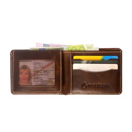 Wolfsohn Men's Leather Wallet, 12 Compartments, Hilfiger Wallet, Portrait Format, Genuine Leather Wallet, Men's Wallet, Coin Compartment, Wallet, Genuine Leather, Cards, ID, Brown, Vintage, dark