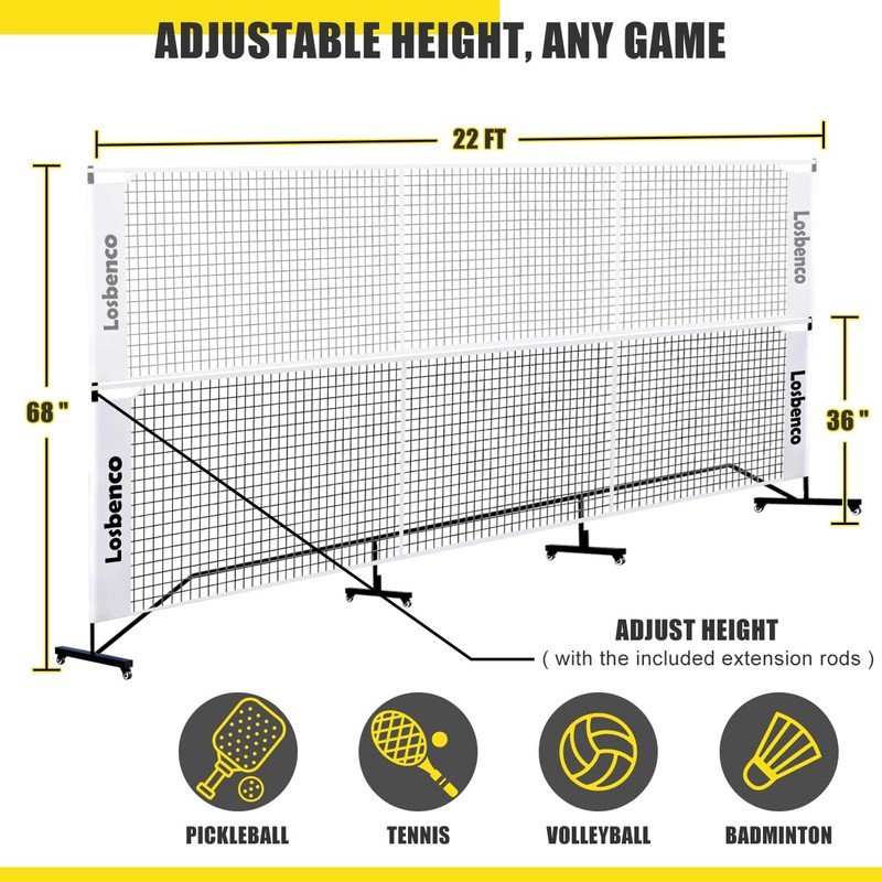 Losbenco Pickleball Net with Wheels Court Lines, Metal Frame &