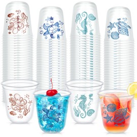 Ninehaoou 60 Pcs 12 oz Ocean Sea Themed Plastic Stemless Wine Glasses Nautical Disposable Clear Cocktail Cups Turtle Starfish Octopus Conch Shell Drinkware Cup Sets for summer Nautical Party