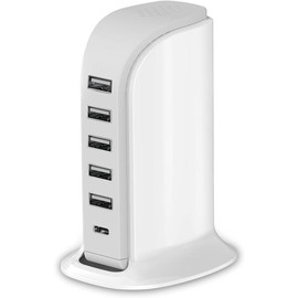 Charging Station for Multiple Devices 40W Upoy, Wall Charger Block 5 USB Ports(Shared 6A), USB Charging Hub Smart IC, Charger Tower with Type-C 3A for Phone Pad Tablets Smartphones, Home Office Use