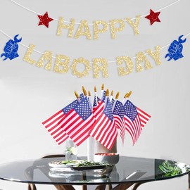 FHGG Happy Labor Day Decoration Banner Glitter Gold USA Patriotic for Home School Office Party Supplies American Holiday Patriotic Independence Day