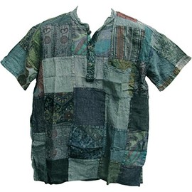 Men's Indian Vintage Bohemian Hippie Patchwork Short-Sleeved Shirt Blue Tones (Small/Medium)