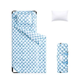 Wake In Cloud - Cot Nap Mat with Pillow and Blanket, for Toddler Kids Boys Girls in Daycare Kindergarten Preschool Pre K with Elastic Corner Straps, Gingham Grid Checkered, Blue White