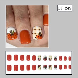 Thanksgiving Press on Nails Fall Short Square Fake Nails with Designs Pumpkin Orange Glue on Nails 24 Pcs Reusable Stick on Nail for Women WYFHDT