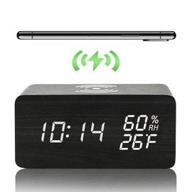 Digital Alarm Clock Wood with Wireless QI Charging, LED Digital Clock with 3 Alarm Settings and Display Function for Temperature and Humidity, Suitable for Living Room, Bedroom and Offices (Black)