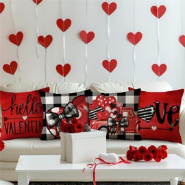 MODOVOS Valentine's Day Buffalo Plaid Throw Pillow Covers Polka Dots Red Love Heart Bow Truck Valentine Pillow Covers 18x18 Set of 4 Wedding Cushion Case Decoration for Sofa Couch