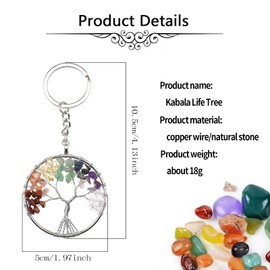 PMELCXD 7 Chakra Tree of Life Crystal Keyring Gemstone Healing Crystals Keychain Silver ID Tag Car Key Ring Tumbled Stone Beads Key Chain Women Men