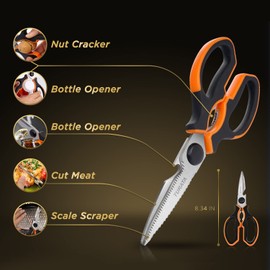 All-purpose kitchen scissors, stainless steel, household scissors, 21 cm, dishwasher safe, universal scissors as scaling, bottle opener, left-handed scissors, kitchen sharp for fish, poultry, herbs