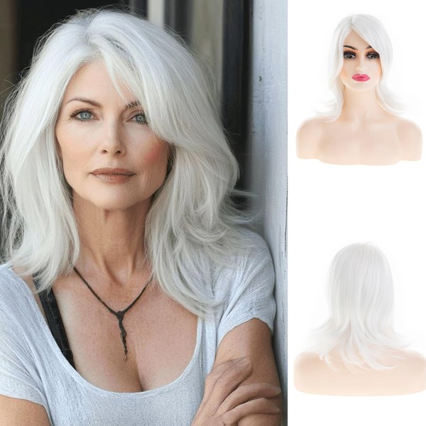 Beweig White Wig with Bangs for Women Natural Curly Bob