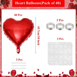 40PCS Red Heart Balloons, 18 Inches Foil Heart Shaped Balloons Mylar Valentines Balloons Helium Support for Valentine's Day Wedding Bridal Engagement Party Anniversary Mother's Day Decorations