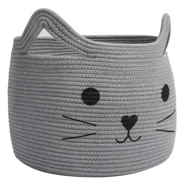 HiChen Large Woven Cotton Rope Storage Basket, Laundry Basket Organizer for Towels, Blanket, Toys, Clothes, Gifts | Pet Gift Basket for Cat, Dog - 15.7" L×11.8" H, Gray