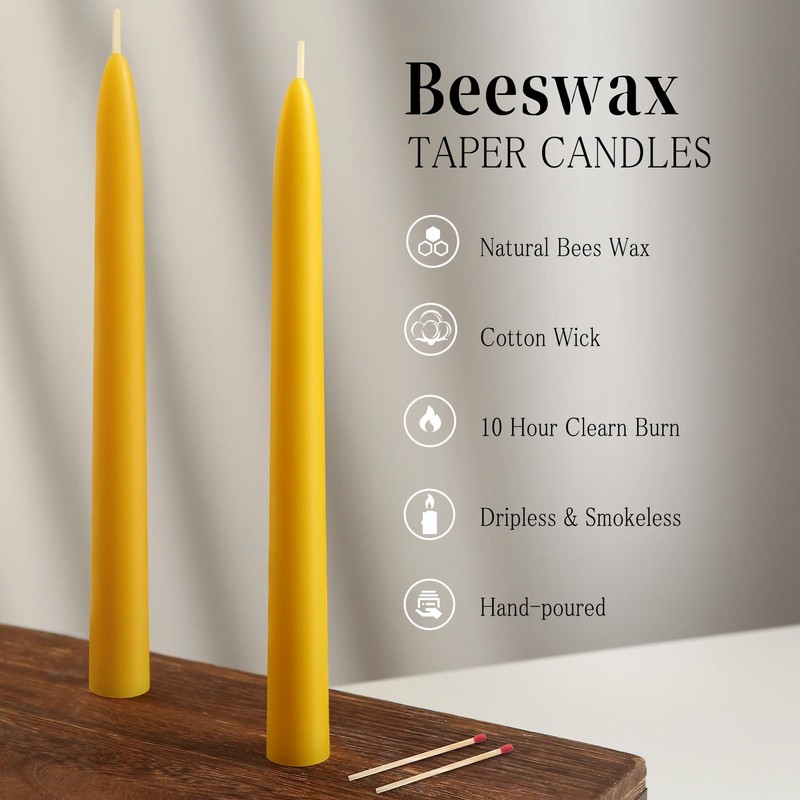 16 Packs Beeswax Taper Candles 9 Inch, All Natural Beeswax